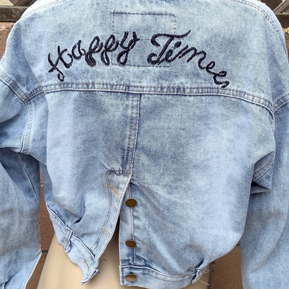 Cropped Powder Blue Denim Jean Jacket / "Happy Times"  Quang Phat Denim Size S